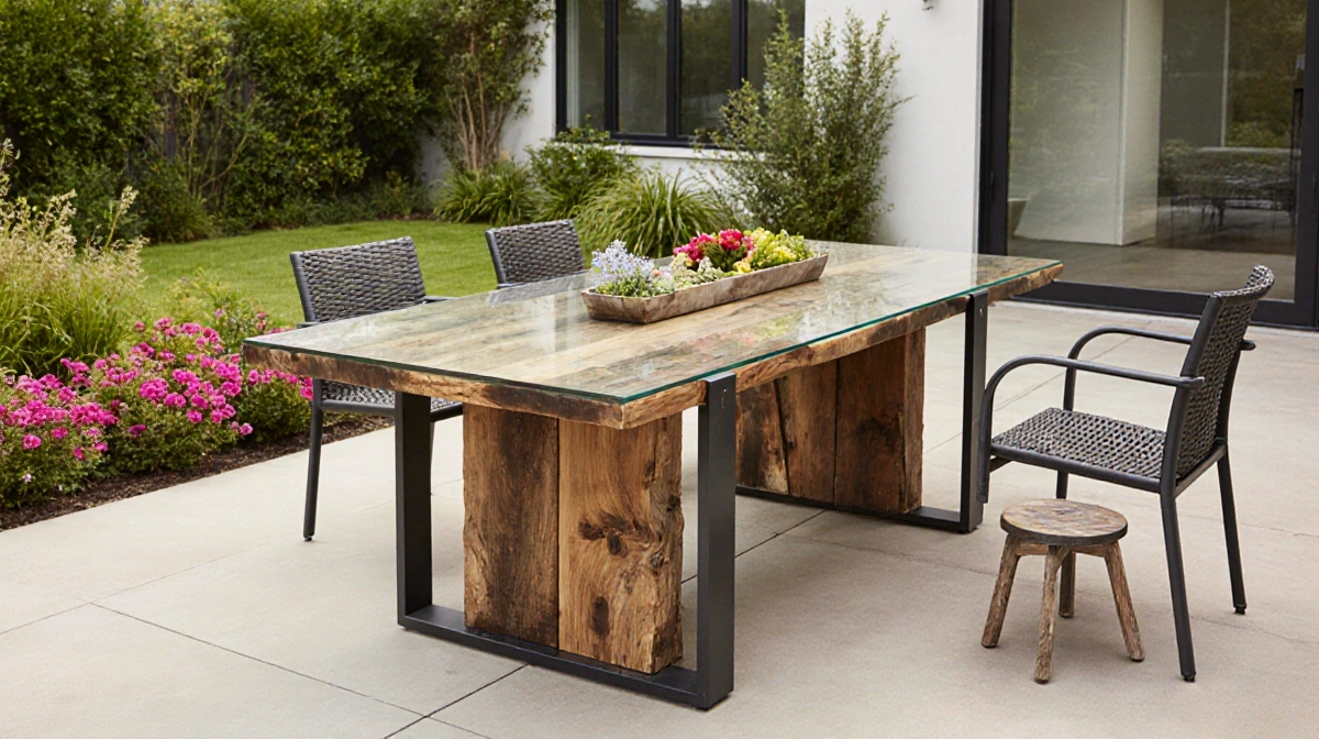 Eucalyptus outdoor dining table with reclaimed wood base and glass top surrounded by chairs and lush garden near modern home