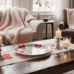 Pottery Barn serving platter rests on rustic wooden table with pastel throw blankets and candles beside it in a cozy living r