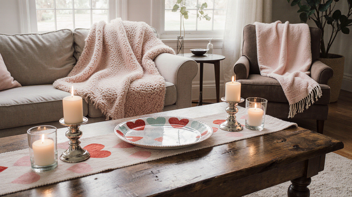 Pottery Barn serving platter rests on rustic wooden table with pastel throw blankets and candles beside it in a cozy living r