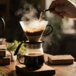 Barista pouring hot water over coffee grounds with steam rising from pour-over maker and wooden counter with plants nearby