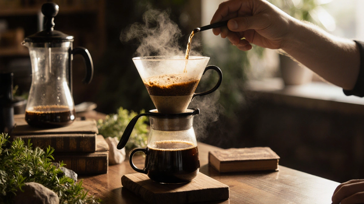 Barista pouring hot water over coffee grounds with steam rising from pour-over maker and wooden counter with plants nearby