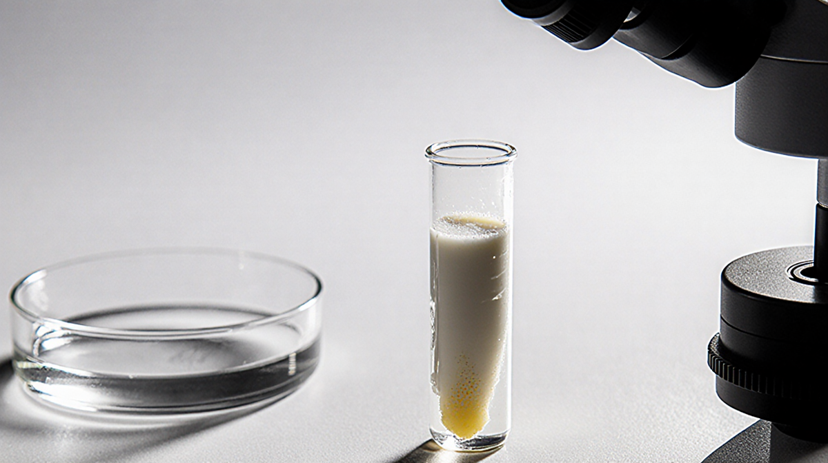 Test tube holds powdered milk sample with creamy residue and microscope nearby indicating clostridium testing