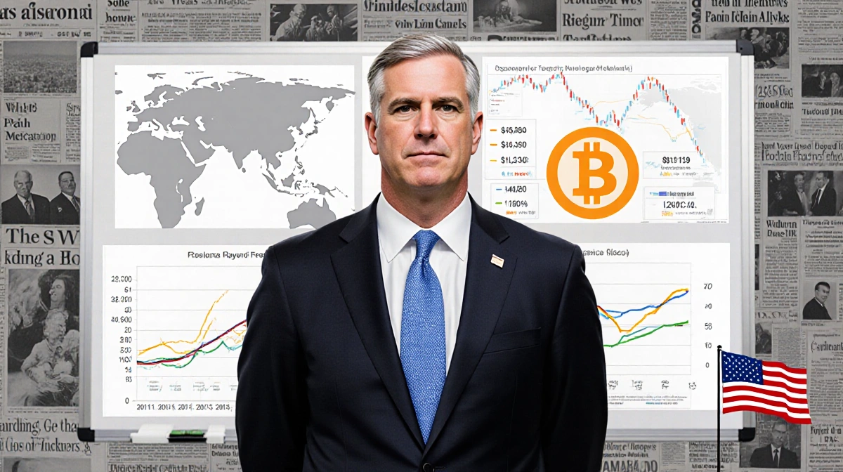 Fed Chair Powell stands confidently before Bitcoin price charts on whiteboard with American flag and global headlines in back