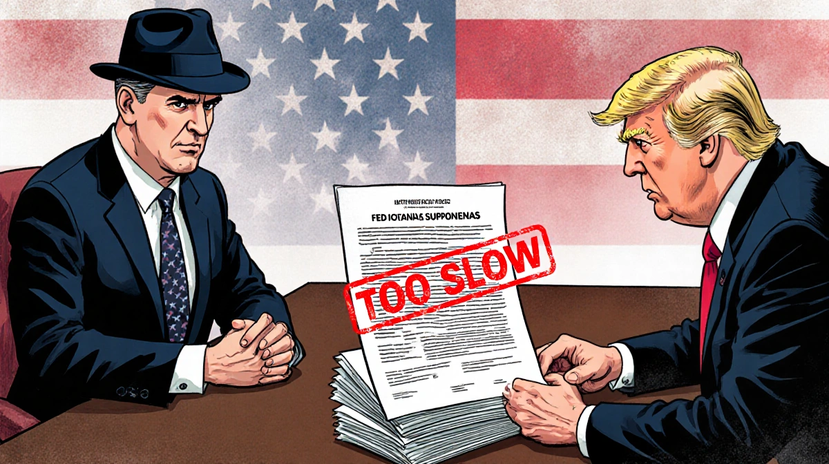 Fed Chairman Powell facing Trump across table with subpoenas and rate documents showing red 