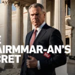 Jerome Powell stands with DOJ folder in front of half-built White House with Washington skyline behind