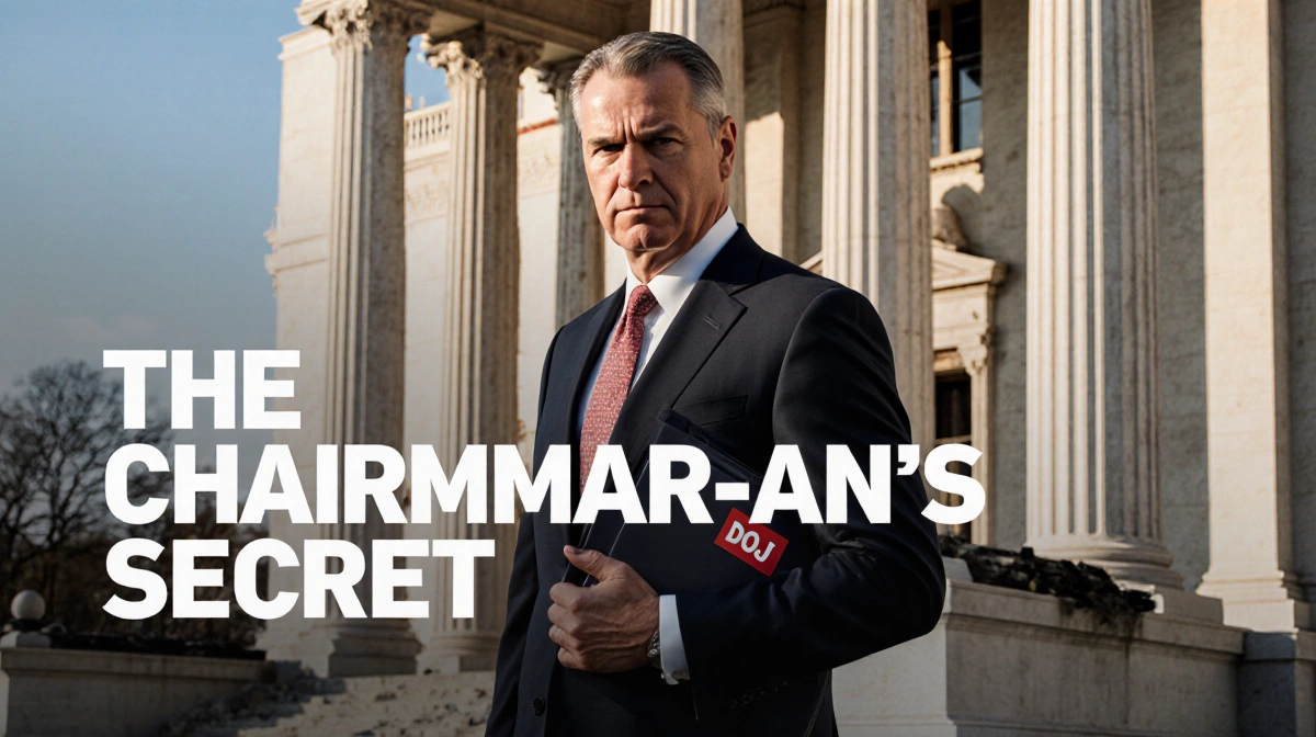 Jerome Powell stands with DOJ folder in front of half-built White House with Washington skyline behind