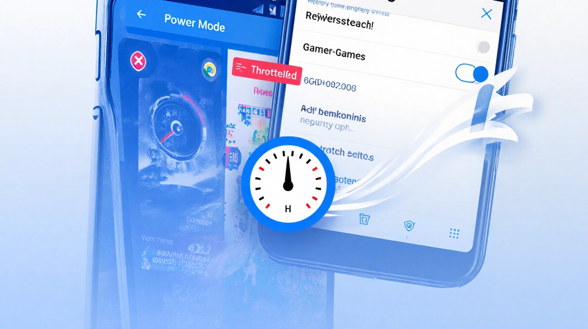 Smartphone shows power mode toggle on with throttled music app and spinning speedometer around game icon