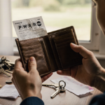 Person holding old wallet with crumpled Powerball ticket peeking out with warm light and cluttered receipts nearby