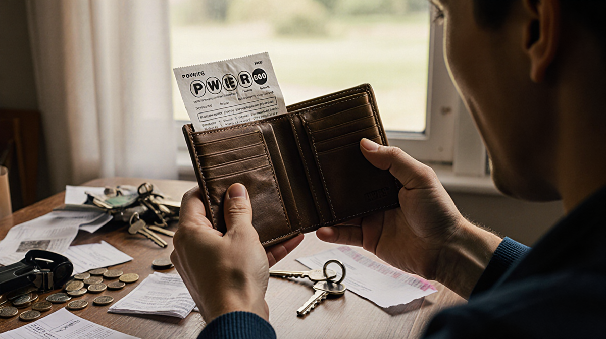 Person holding old wallet with crumpled Powerball ticket peeking out with warm light and cluttered receipts nearby