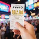 Winner holding Powerball ticket showing $812,200 prize with blurred crowd and lottery signs behind