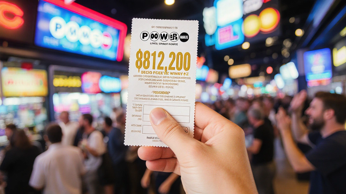 Winner holding Powerball ticket showing $812,200 prize with blurred crowd and lottery signs behind