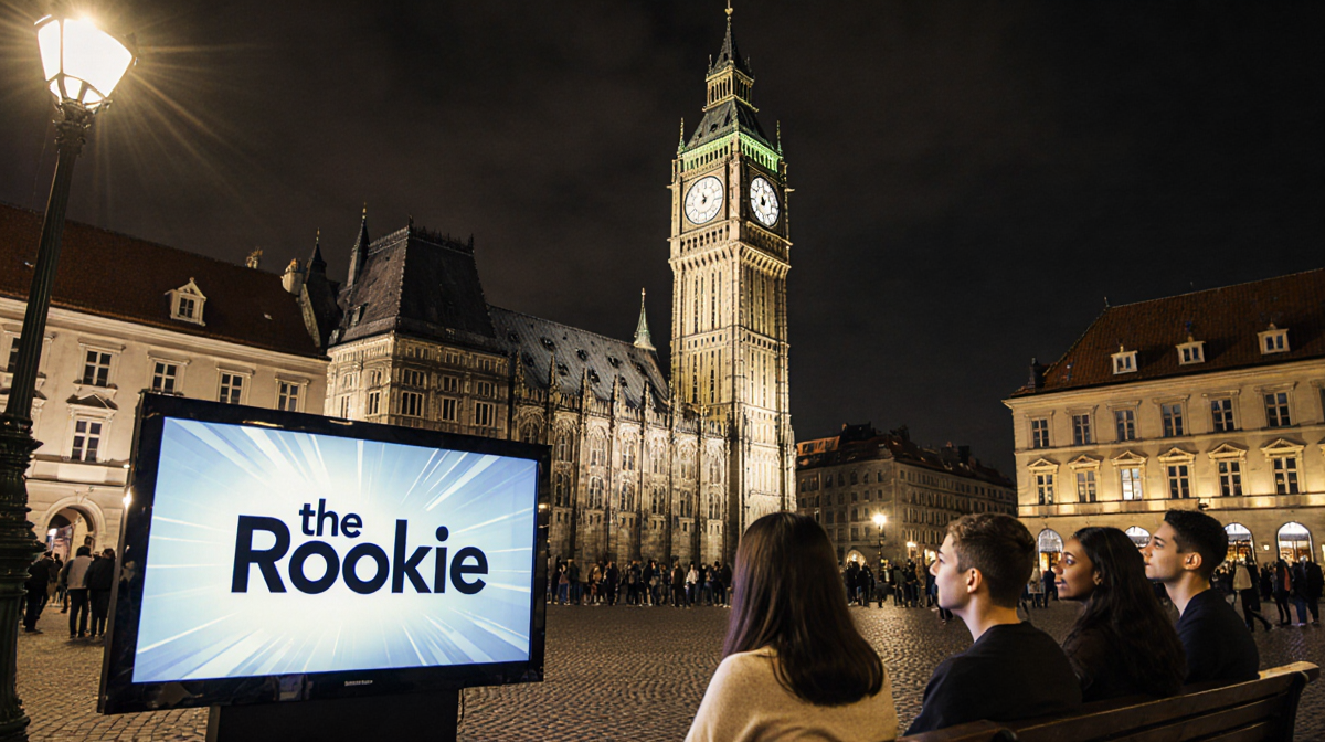 Young adults watching a TV screen with Rookie logo while the Clock tower shines in Prague.