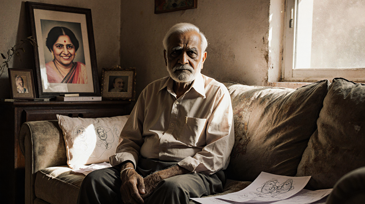 Prathamesh Kadam sits looking at the viewer with nostalgic light and his mother