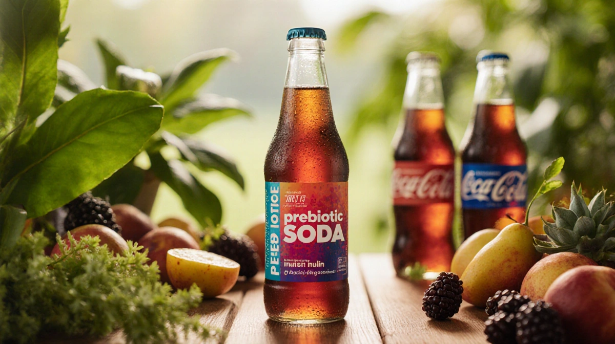 Prebiotic soda bottle sits on wooden table with fresh fruits and green plants while traditional soda bottles blur softly in t