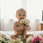 Premature baby girl holds daisies with ultrasound photo and flowers showing hope and resilience