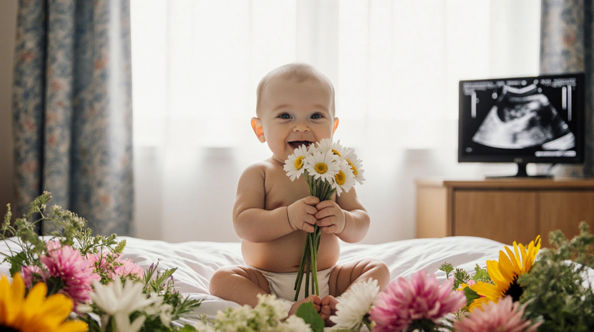 Premature baby girl holds daisies with ultrasound photo and flowers showing hope and resilience