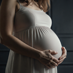Pregnant woman looking thoughtful with a question mark on her chest and a text bubble asking for help