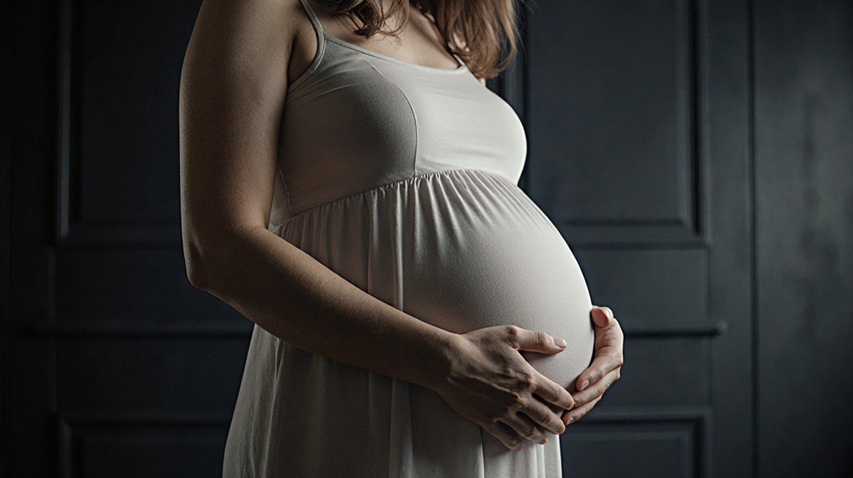 Pregnant woman looking thoughtful with a question mark on her chest and a text bubble asking for help