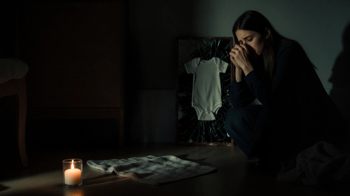 Woman sits with clasped hands and depressed expression with flickering candlelight and baby blanket hinting at pregnancy loss