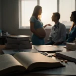 Medical team discussing pregnancy medication safety with open book and scattered pills on desk