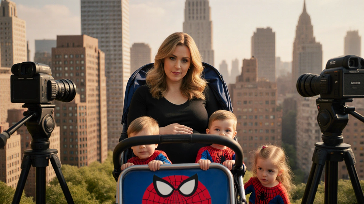 Pregnant Bryce Dallas Howard sitting in stroller with a Spider-Man 3 logo and children in superhero outfits amid NYC skyline