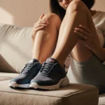 Pregnant woman sits on couch with feet on footrest showing Hoka Bondi 9 sneakers and relaxed leg indicating comfort.