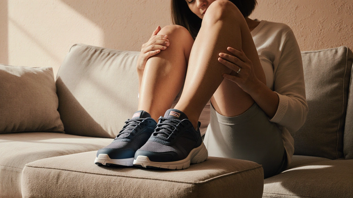 Pregnant woman sits on couch with feet on footrest showing Hoka Bondi 9 sneakers and relaxed leg indicating comfort.