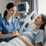 Expectant mother sitting on hospital bed with nurse taking notes beside her and monitors glowing softly behind