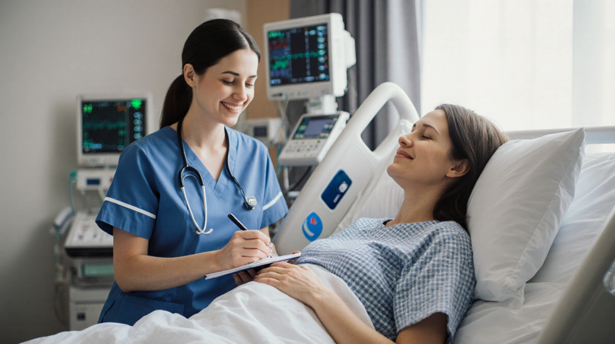 Expectant mother sitting on hospital bed with nurse taking notes beside her and monitors glowing softly behind