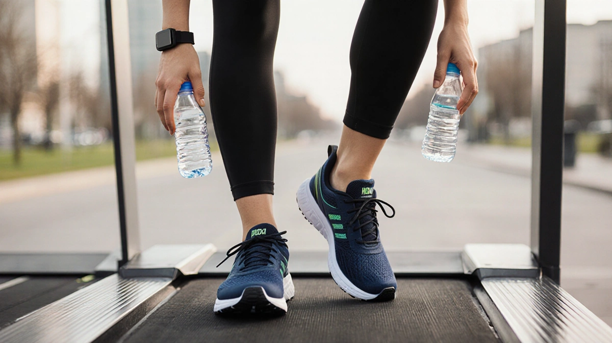 Pregnant woman standing on treadmill wearing Hoka Bondi 9 sneakers with water bottle and fitness tracker near her in a park