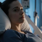 Pregnant woman sitting in hospital bed with pillows supporting her back and medical equipment visible behind