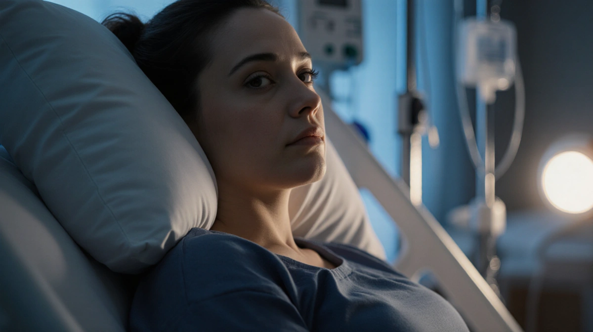 Pregnant woman sitting in hospital bed with pillows supporting her back and medical equipment visible behind