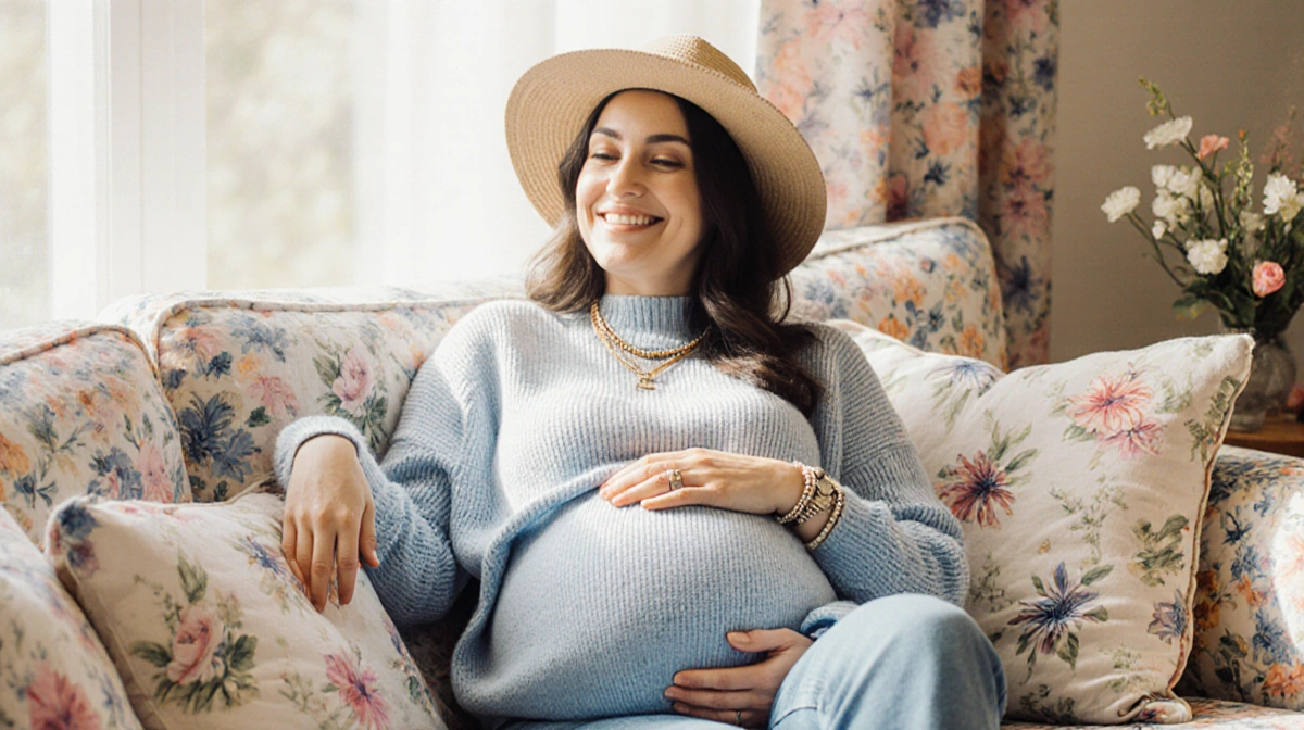 Pregnant woman relaxing on couch with pastel floral decor and floppy hat on wrist (91 chars)
