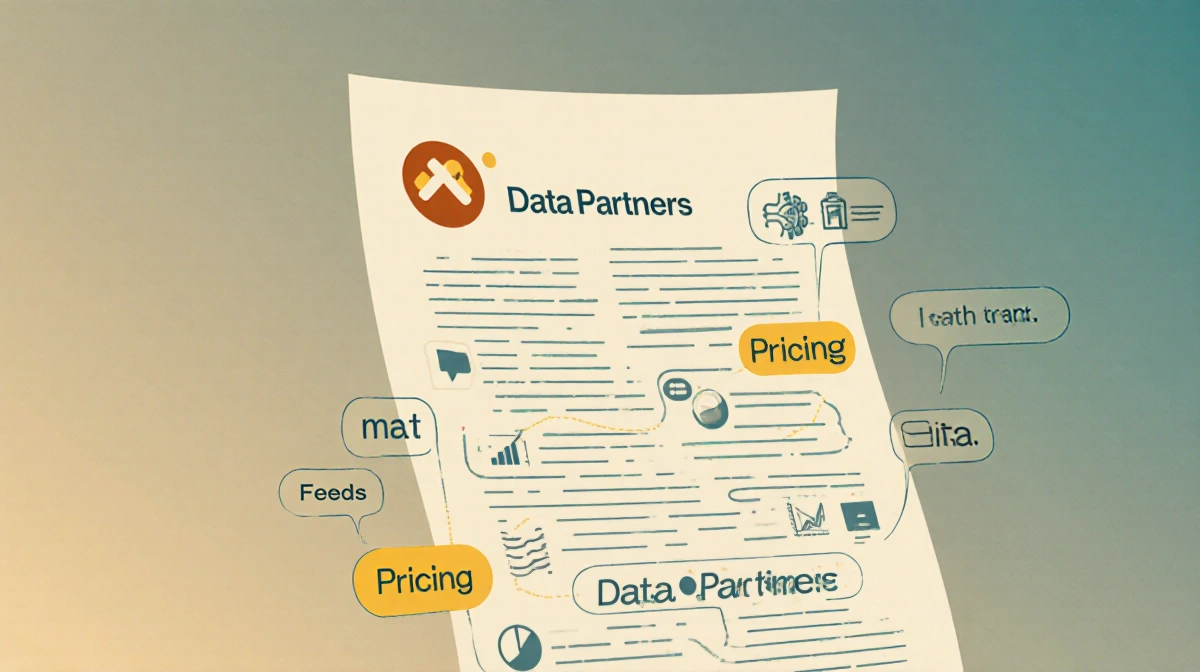 Fine print illustration showing pricing feeds and data partners text with brand logo at top and data icons scattered througho