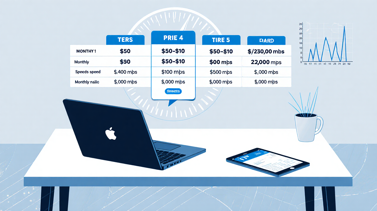 Table with laptop and tablet showing a pricing table with speed graph and tiered costs in calm blues