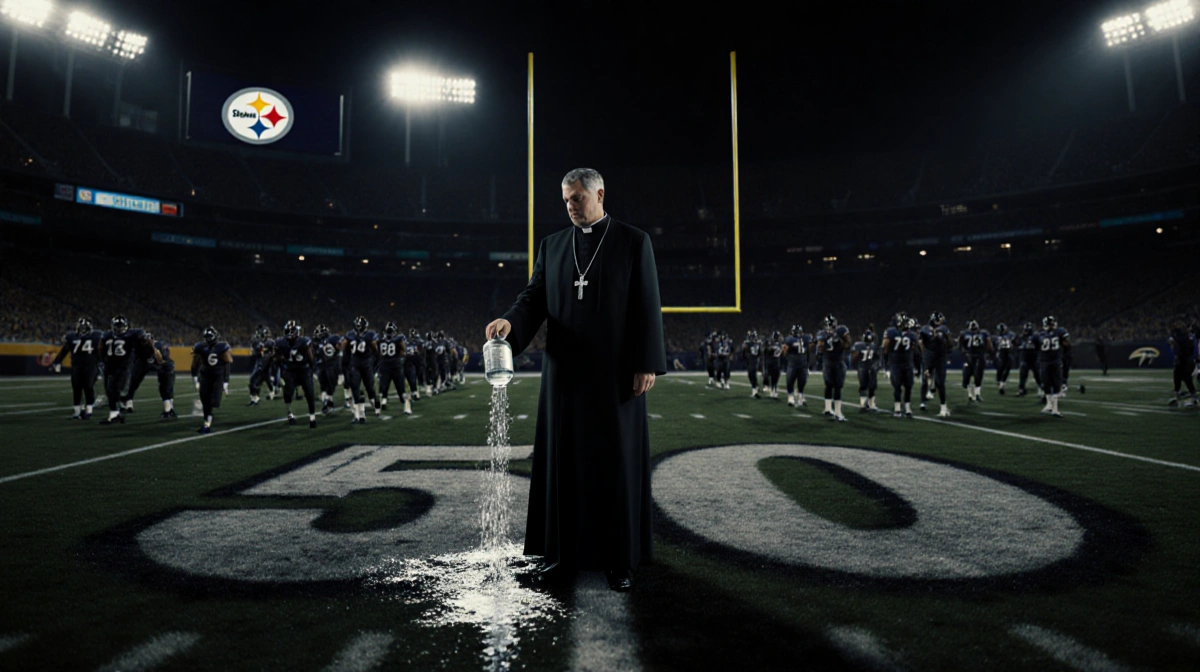 Priest pouring holy water onto a dim NFL field with Steelers logo and goalposts in background
