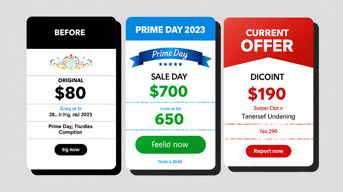 Price comparison chart with three rows of original and sale prices and a Prime Day banner.