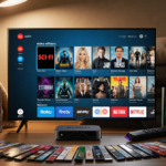 TV screen showing colorful Prime Video show covers with Roku and Fire TV nearby and cozy blankets behind