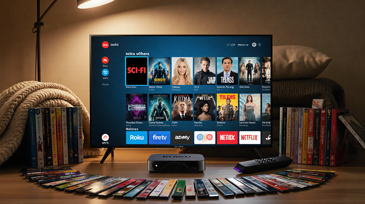 TV screen showing colorful Prime Video show covers with Roku and Fire TV nearby and cozy blankets behind