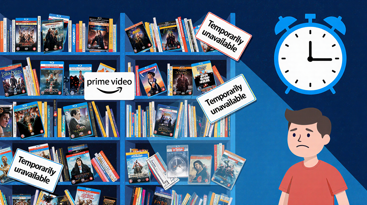 Prime Video subscriber standing with concerned expression in front of a shifting shelf of fantasy DVDs and a ticking clock
