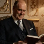 Prince Albert sits reading leather book with tailored suit and ornate palace walls behind