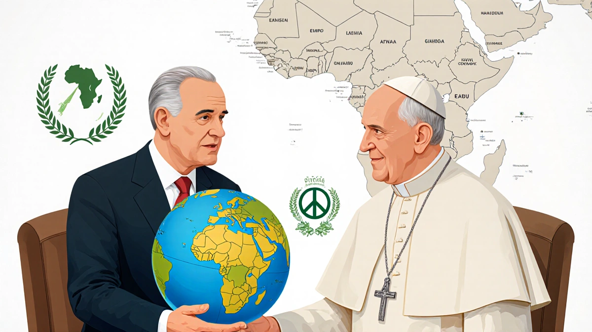 Diplomat shaking hands with Pope Leo while holding globe with Africa and Middle East map showing peace symbols