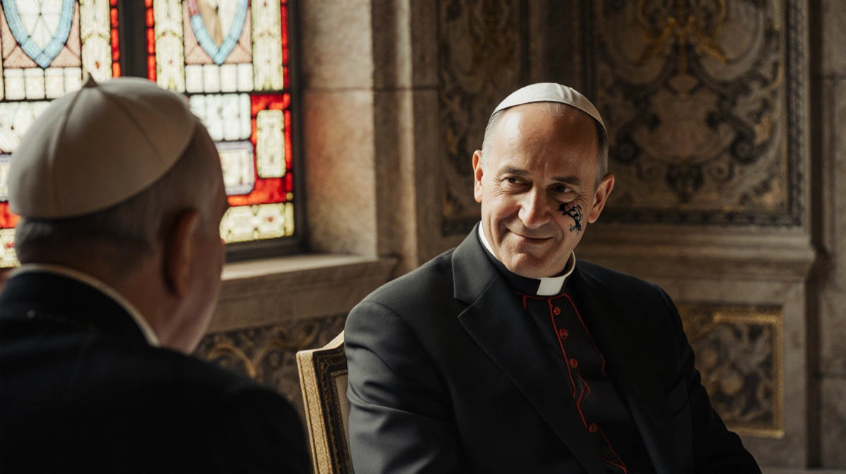 Prince Albert of Monaco meets Pope Leo at Vatican with facial scar visible and warm light through stained glass