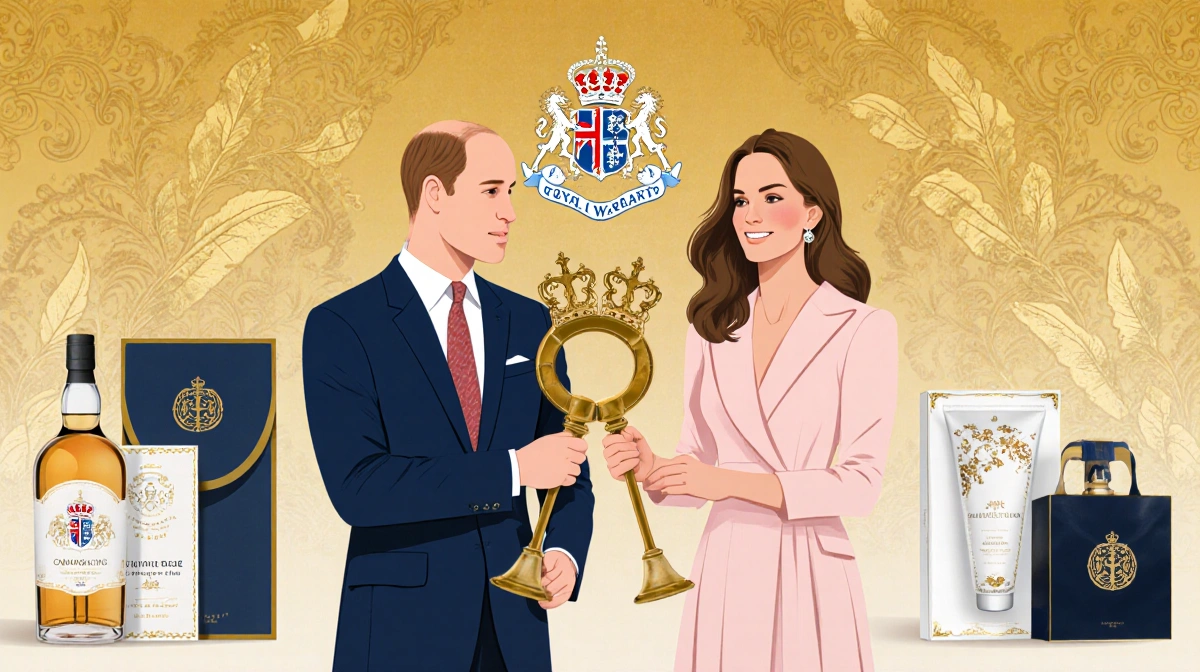 Prince William and Princess Catherine hold royal scepters with British coat of arms against a golden background with labels