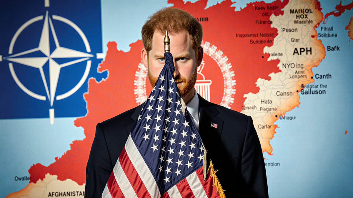 Prince Harry standing with NATO flag backdrop and a worn American flag with tears