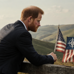 Prince Harry standing back to viewer with weathered bench and fading flags across rolling hills