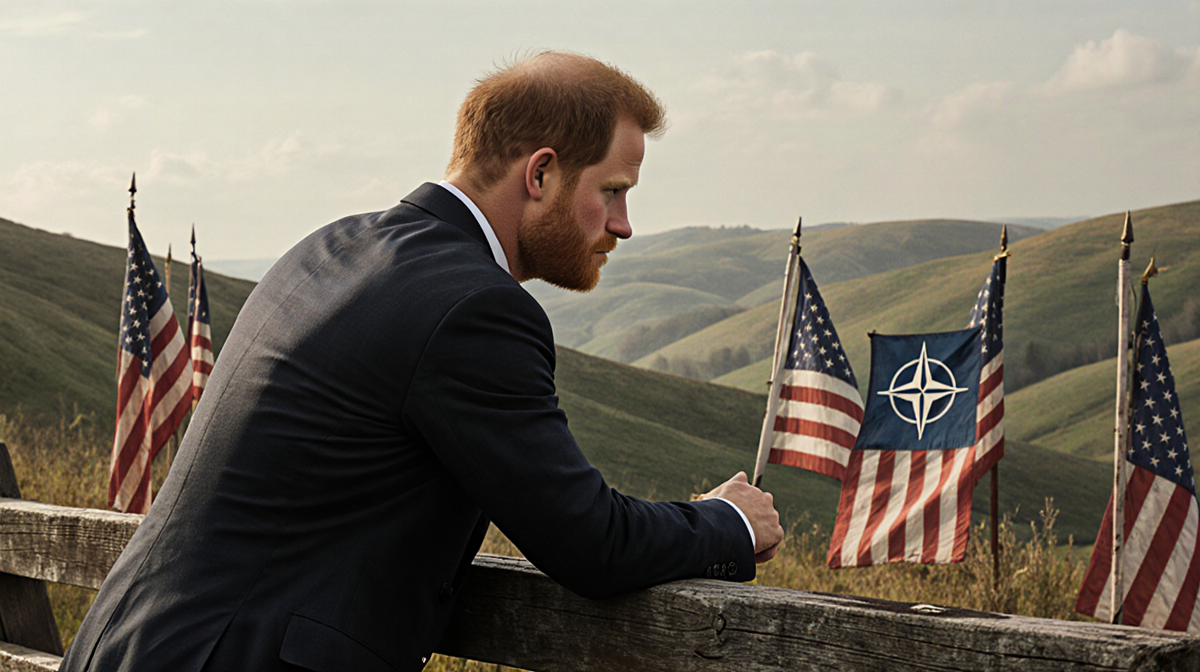 Prince Harry standing back to viewer with weathered bench and fading flags across rolling hills