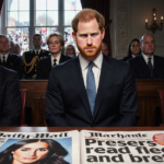Prince Harry recounting a vulnerable moment with dim courtroom and Meghan