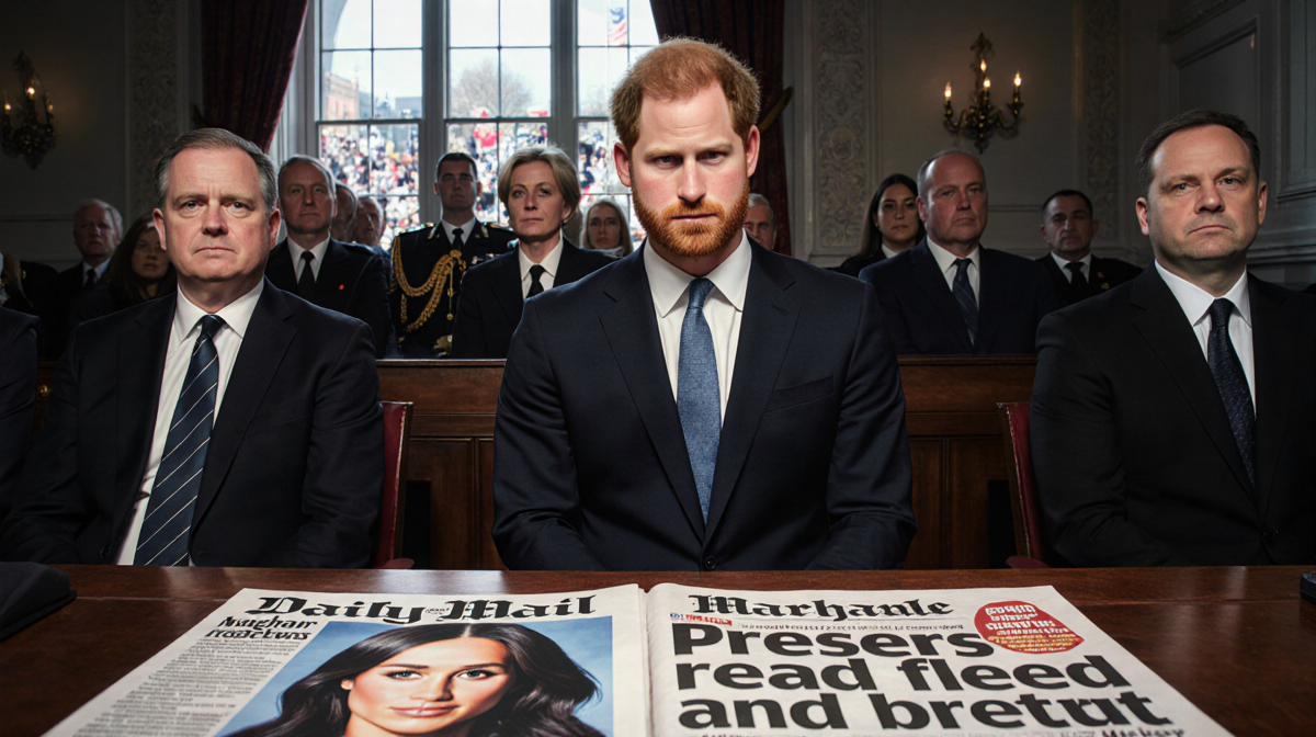 Prince Harry recounting a vulnerable moment with dim courtroom and Meghan