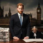 Prince Harry standing before judge with Daily Mail newspapers and court documents stacked on courtroom table